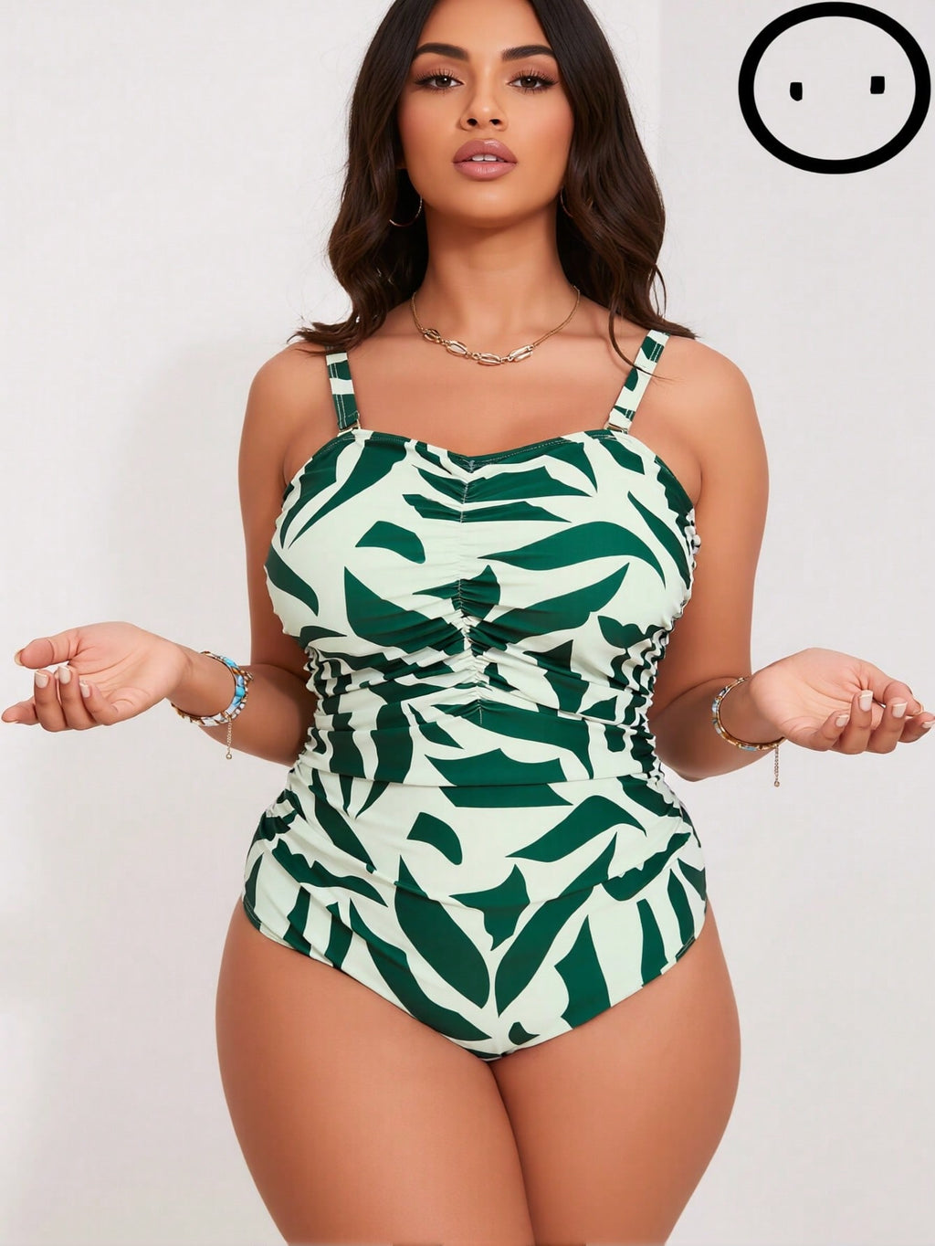 2026 New Women's Plus Size Tropical Print One-Piece Swimsuit, Ruched Front Adjustable Strap Bathing Suit