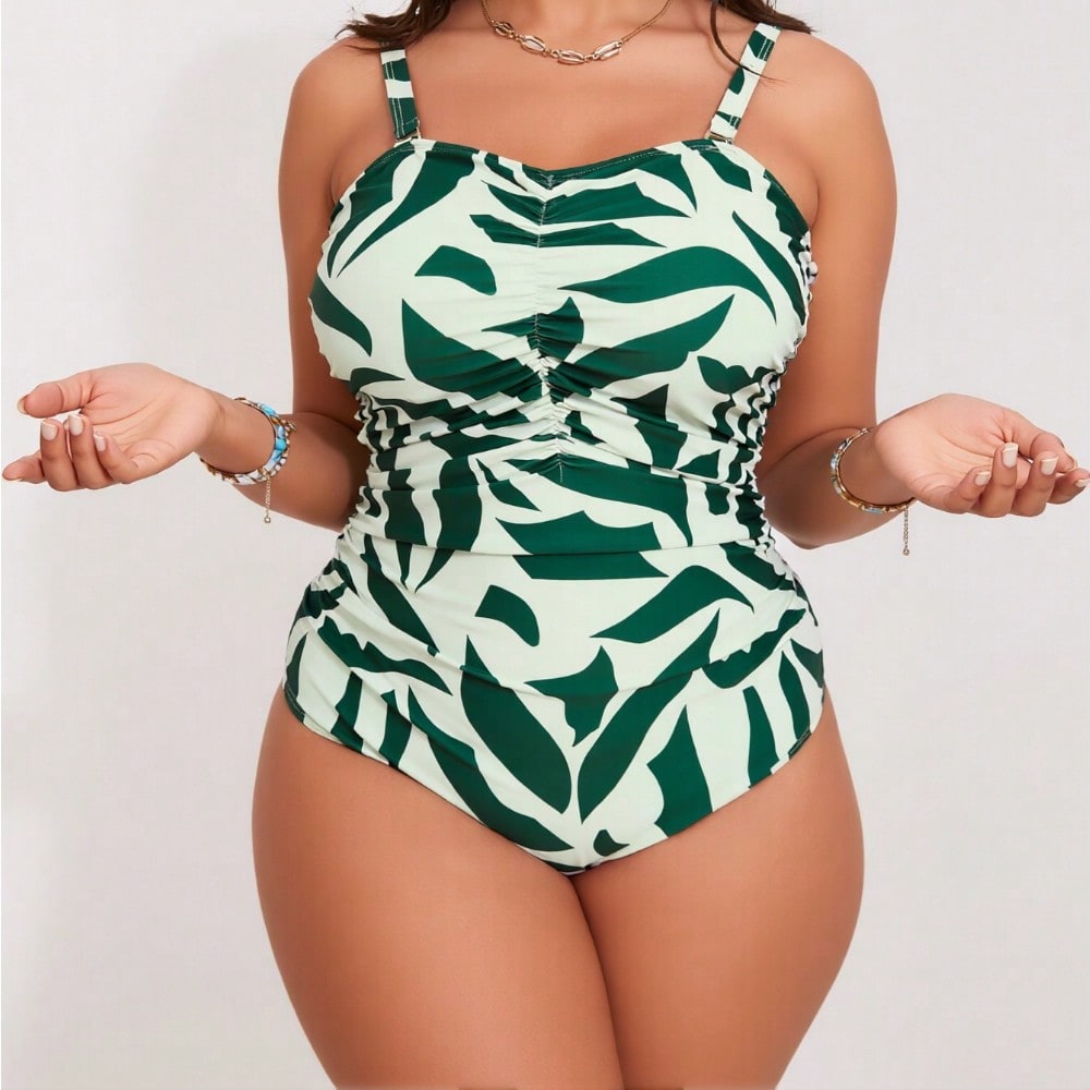 2026 New Women's Plus Size Tropical Print One-Piece Swimsuit, Ruched Front Adjustable Strap Bathing Suit