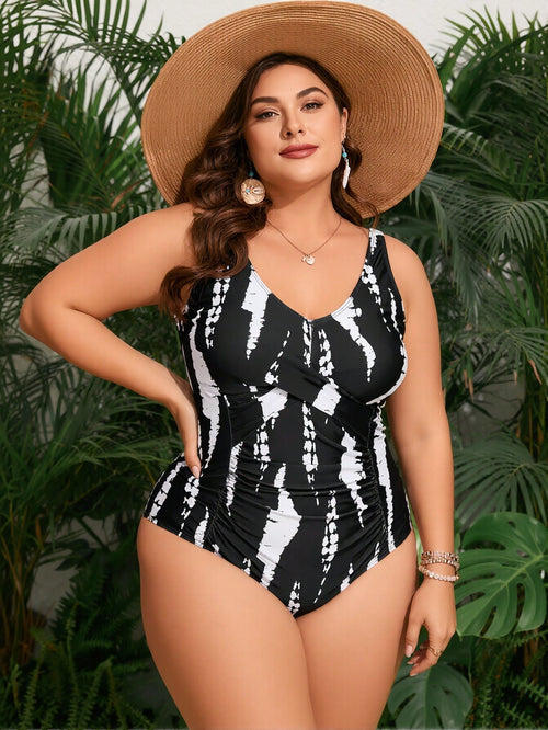 2026 New Black & White Tie-Dye One-Piece Swimsuit, Deep V Twist Ruched, Plus Size Slimming Tummy Control Beachwear