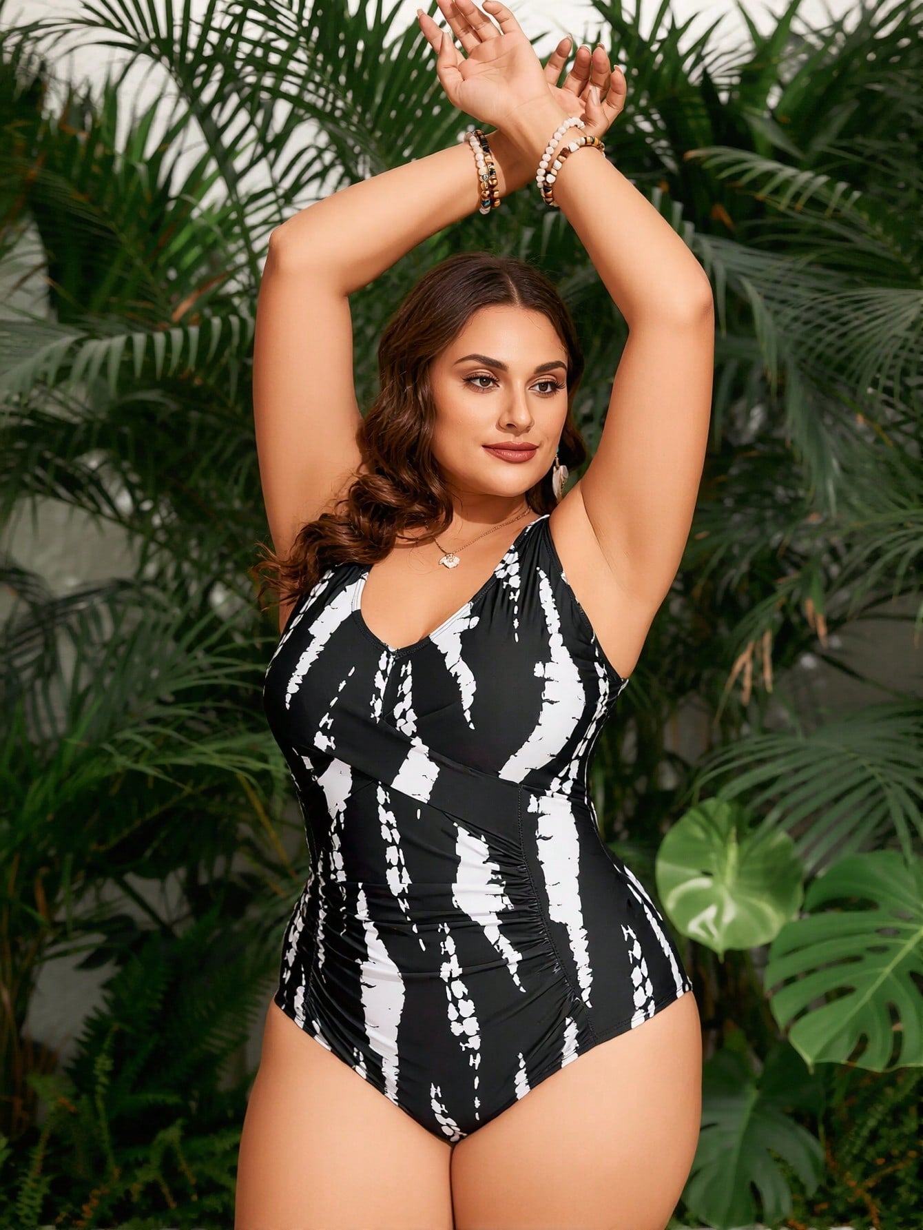 2026 New Black & White Tie-Dye One-Piece Swimsuit, Deep V Twist Ruched, Plus Size Slimming Tummy Control Beachwear