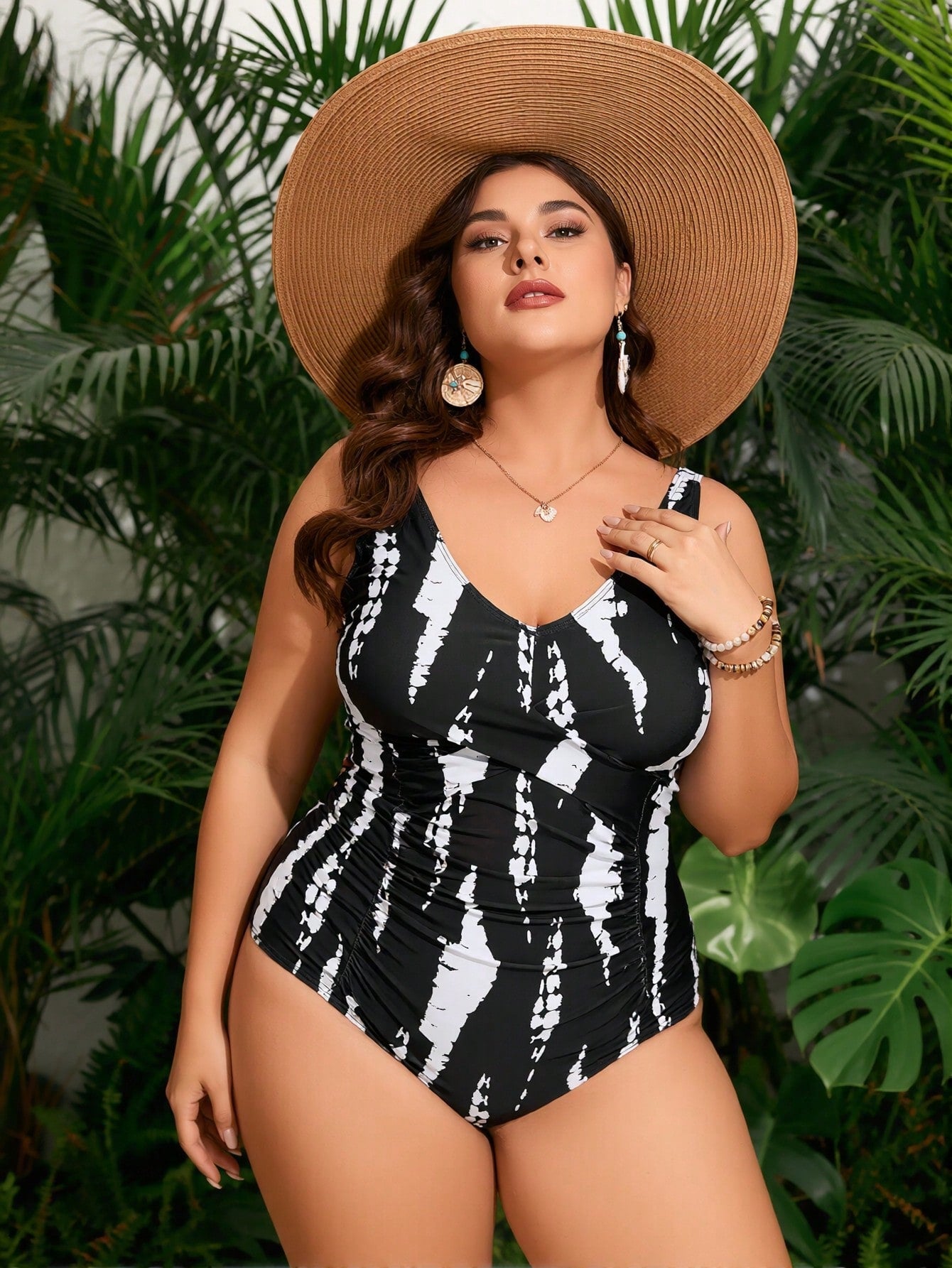 2026 New Black & White Tie-Dye One-Piece Swimsuit, Deep V Twist Ruched, Plus Size Slimming Tummy Control Beachwear