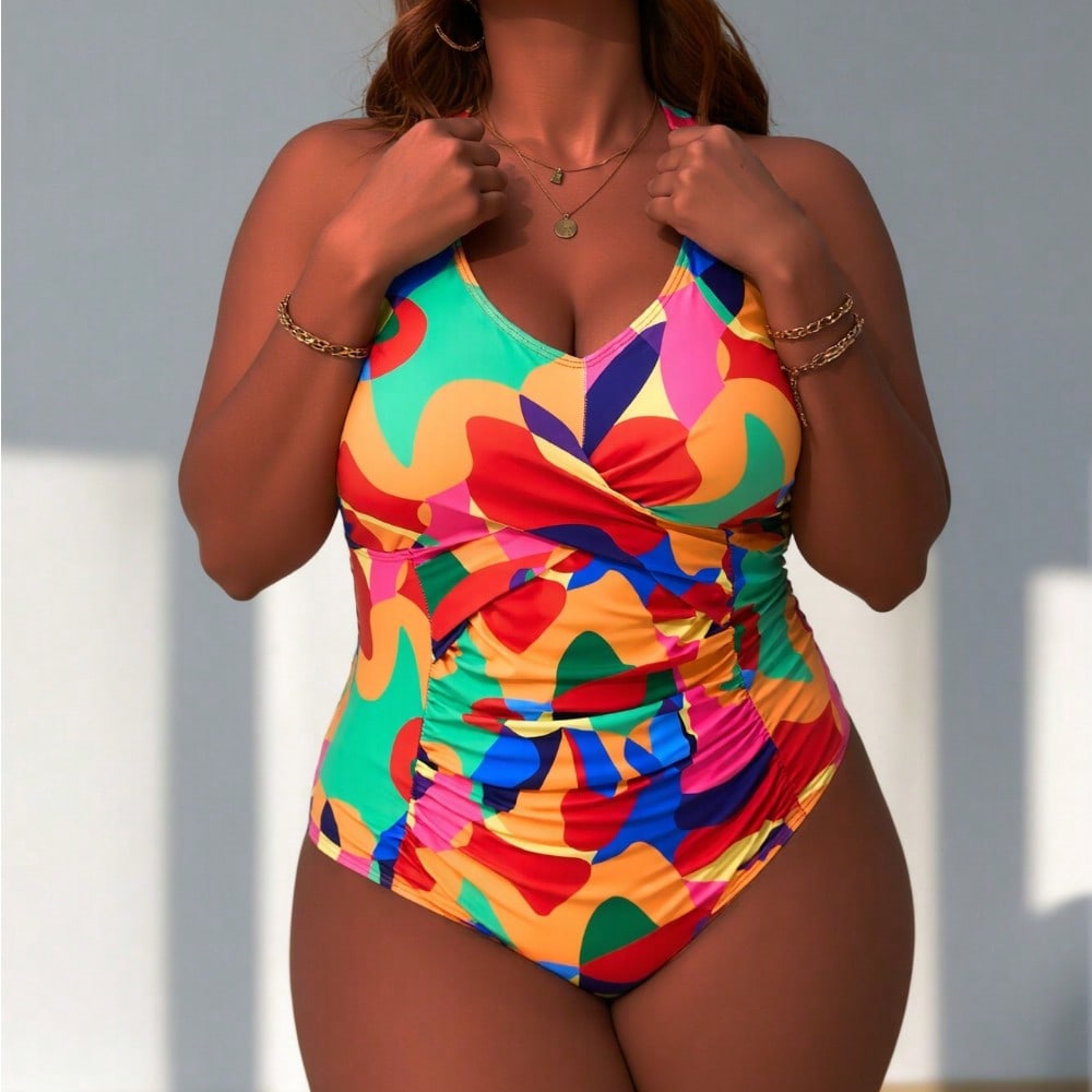 2026 New Colorful Geometric Print One-Piece Swimsuit, Halter Deep V Design, Plus Size Slimming Beachwear