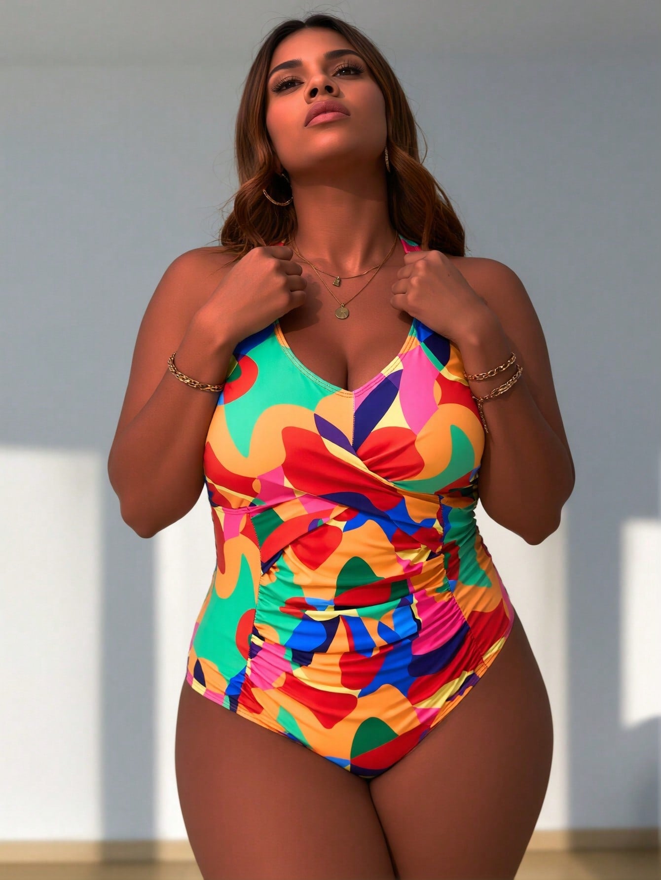 2026 New Colorful Geometric Print One-Piece Swimsuit, Halter Deep V Design, Plus Size Slimming Beachwear
