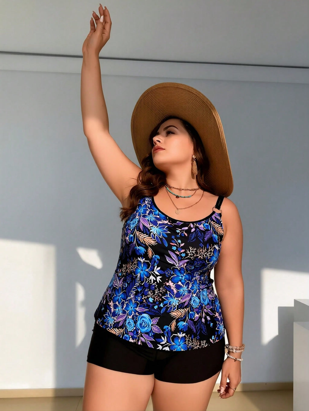 2026 New Blue Floral Print Two-Piece Swimsuit, Tank Top & Boyshorts, Plus Size Tummy Control Beachwear