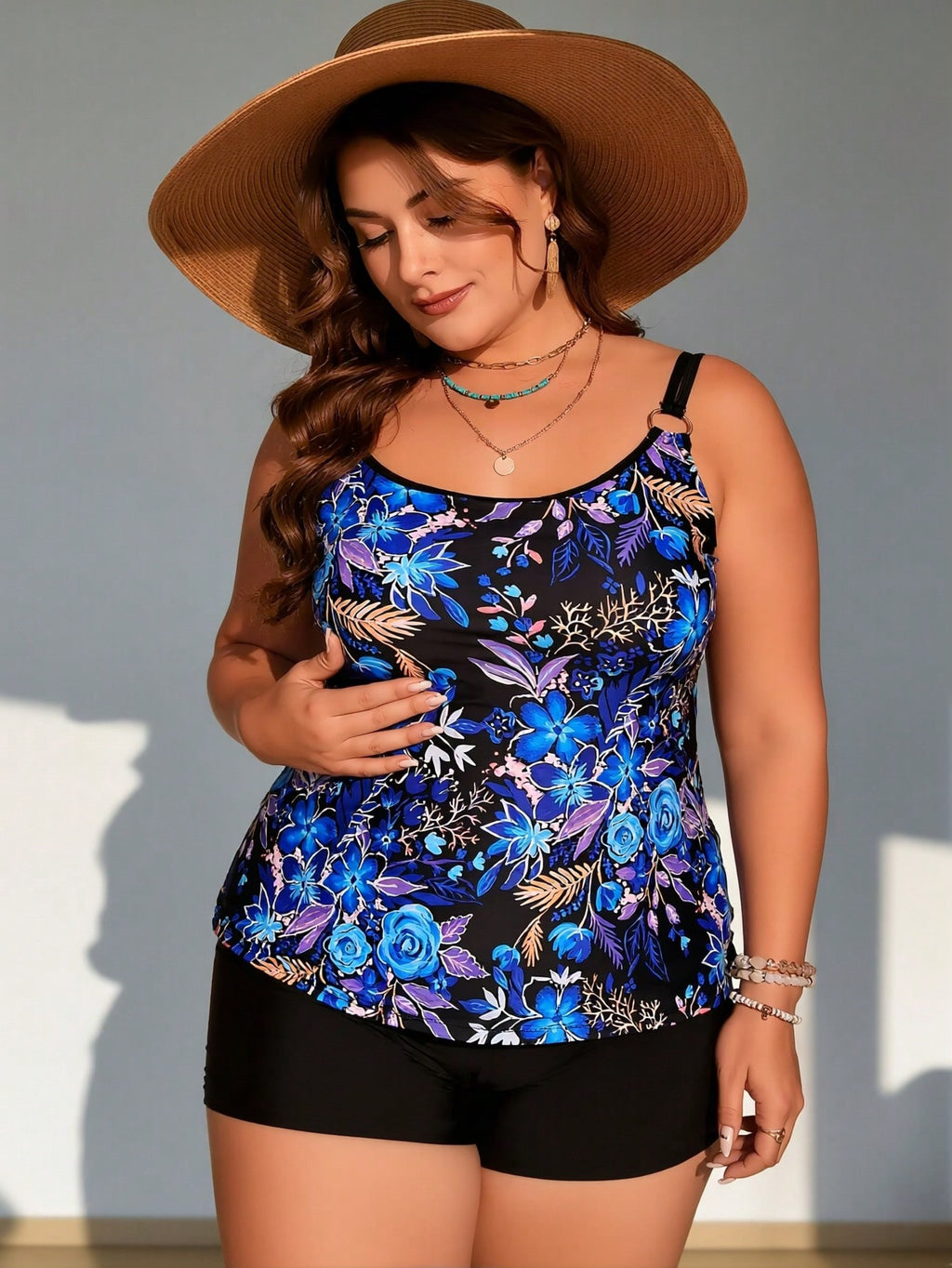 2026 New Blue Floral Print Two-Piece Swimsuit, Tank Top & Boyshorts, Plus Size Tummy Control Beachwear