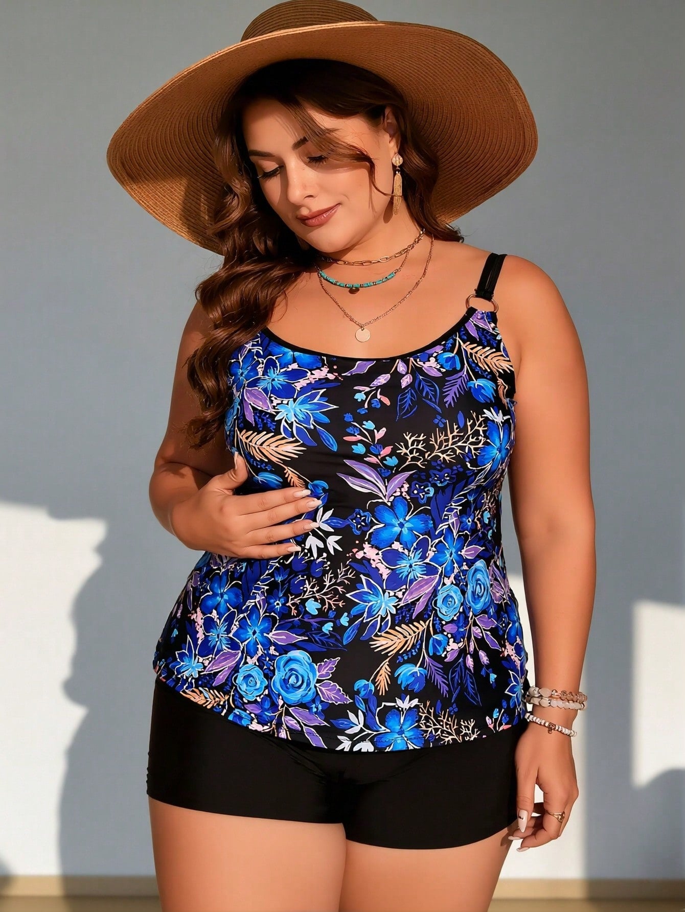2026 New Blue Floral Print Two-Piece Swimsuit, Tank Top & Boyshorts, Plus Size Tummy Control Beachwear