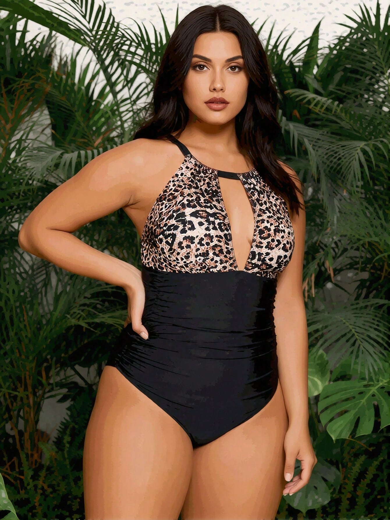 2026 New Navy & Leopard Print Two-Piece Swimsuit Set, Halter Cutout & Boyshorts, Plus Size Modest Slimming Swimwear