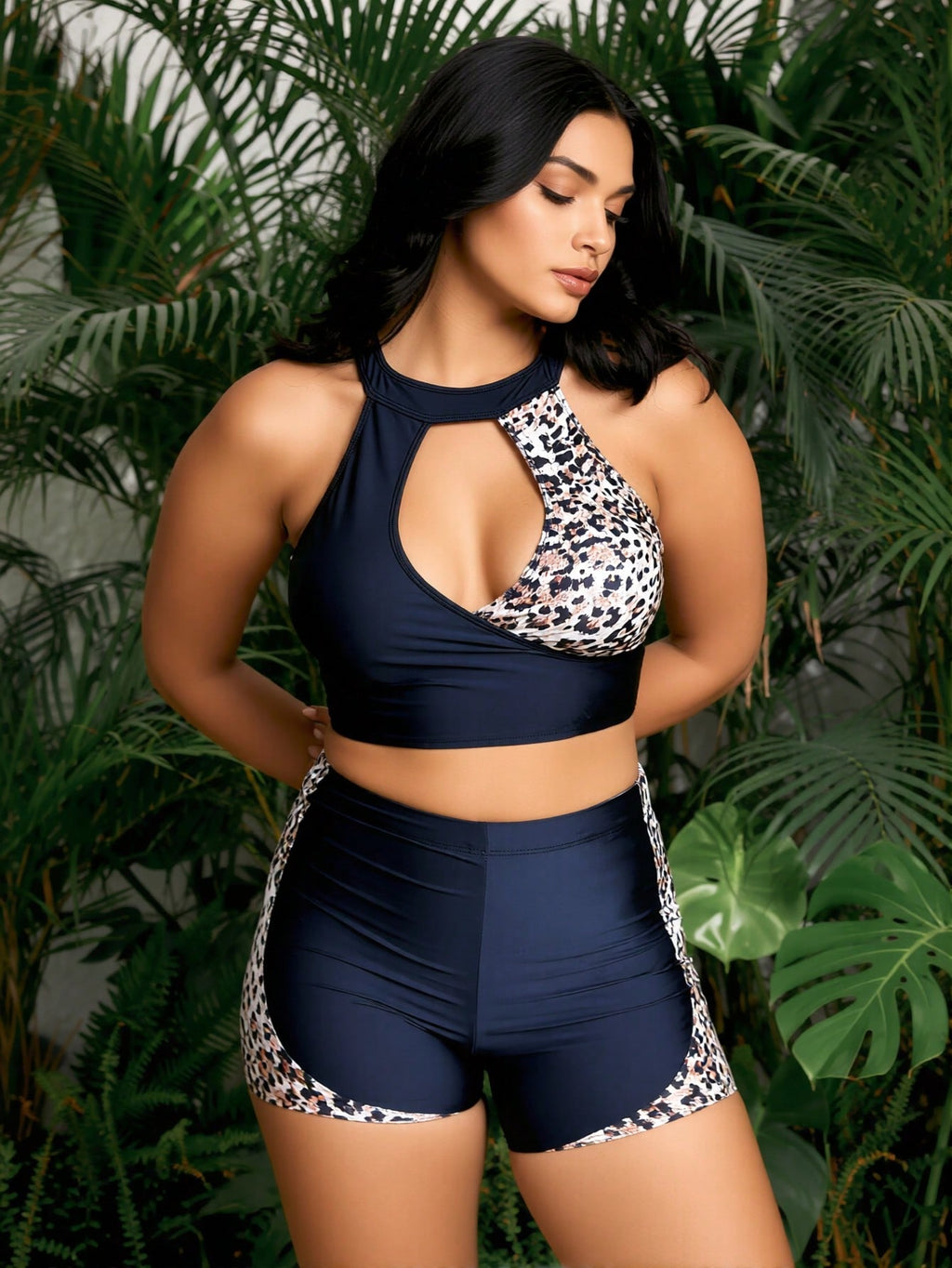 2026 New Navy & Leopard Print Two-Piece Swimsuit Set, Halter Cutout & Boyshorts, Plus Size Modest Slimming Swimwear