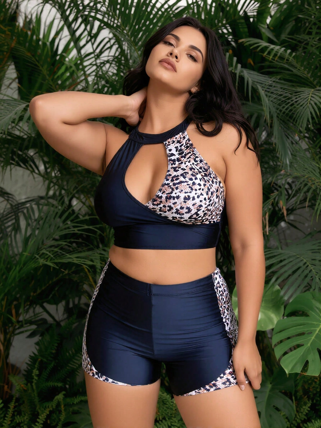 2026 New Navy & Leopard Print Two-Piece Swimsuit Set, Halter Cutout & Boyshorts, Plus Size Modest Slimming Swimwear