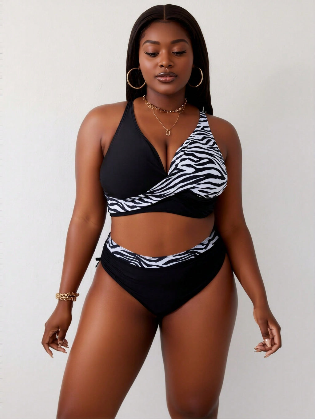 2026 New Plus Size Zebra Print Bikini Set, Cross Wrap V Neck Two Piece Swimsuit with High Waisted Bottom