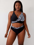2026 New Plus Size Zebra Print Bikini Set, Cross Wrap V Neck Two Piece Swimsuit with High Waisted Bottom