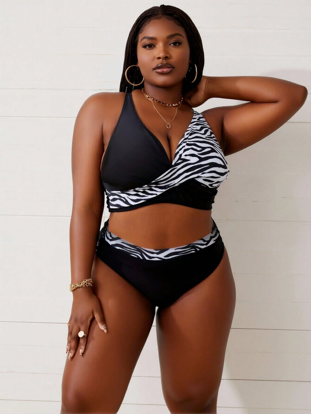 2026 New Plus Size Zebra Print Bikini Set, Cross Wrap V Neck Two Piece Swimsuit with High Waisted Bottom