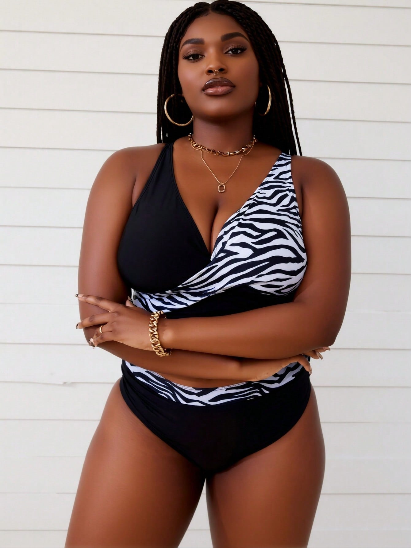 2026 New Plus Size Zebra Print Bikini Set, Cross Wrap V Neck Two Piece Swimsuit with High Waisted Bottom
