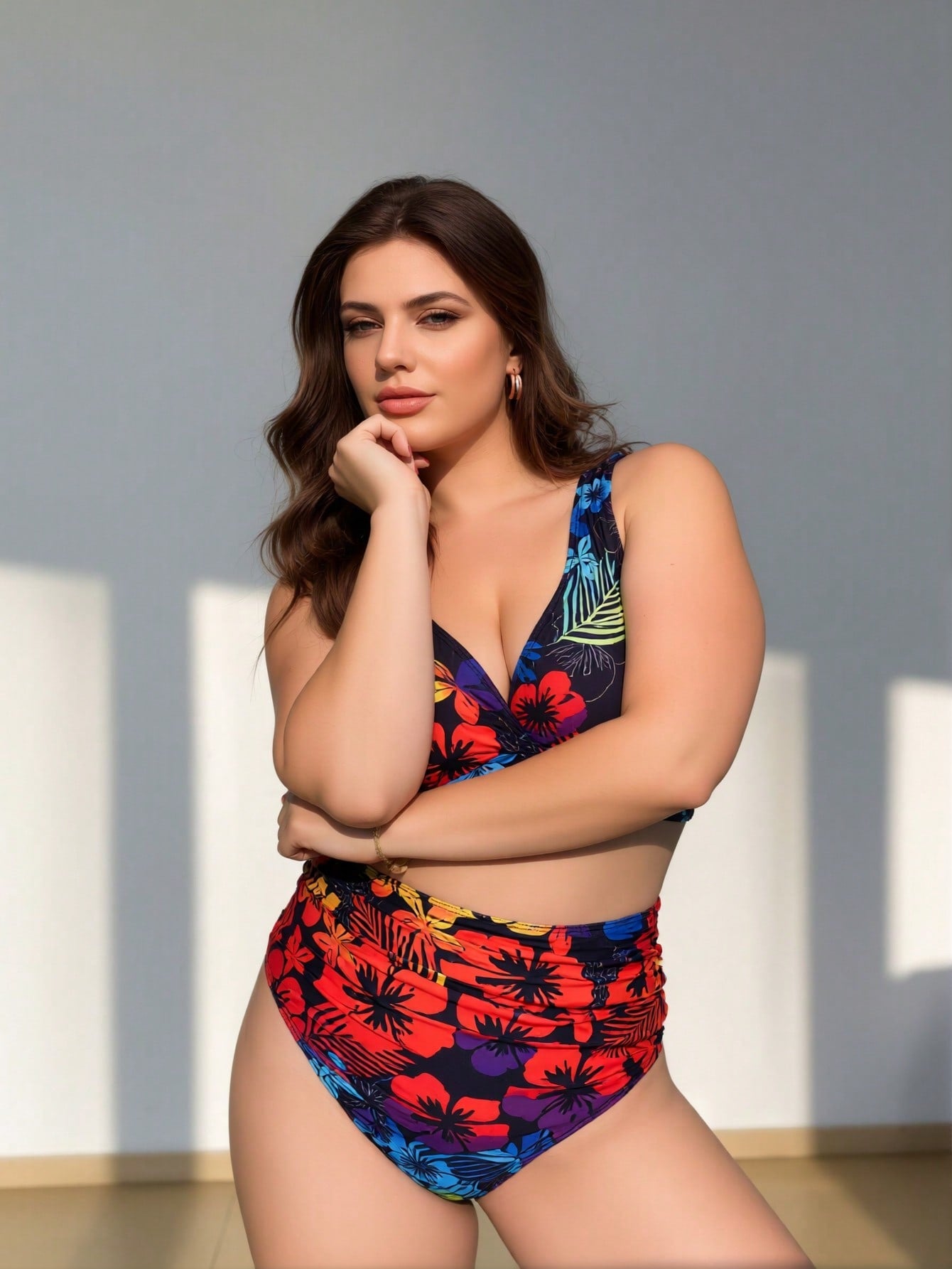 2026 New Plus Size Colorful Hibiscus Print Two-Piece Swimwear, Halter Push-Up Design, European Style High Waist Tummy Control Swimsuit
