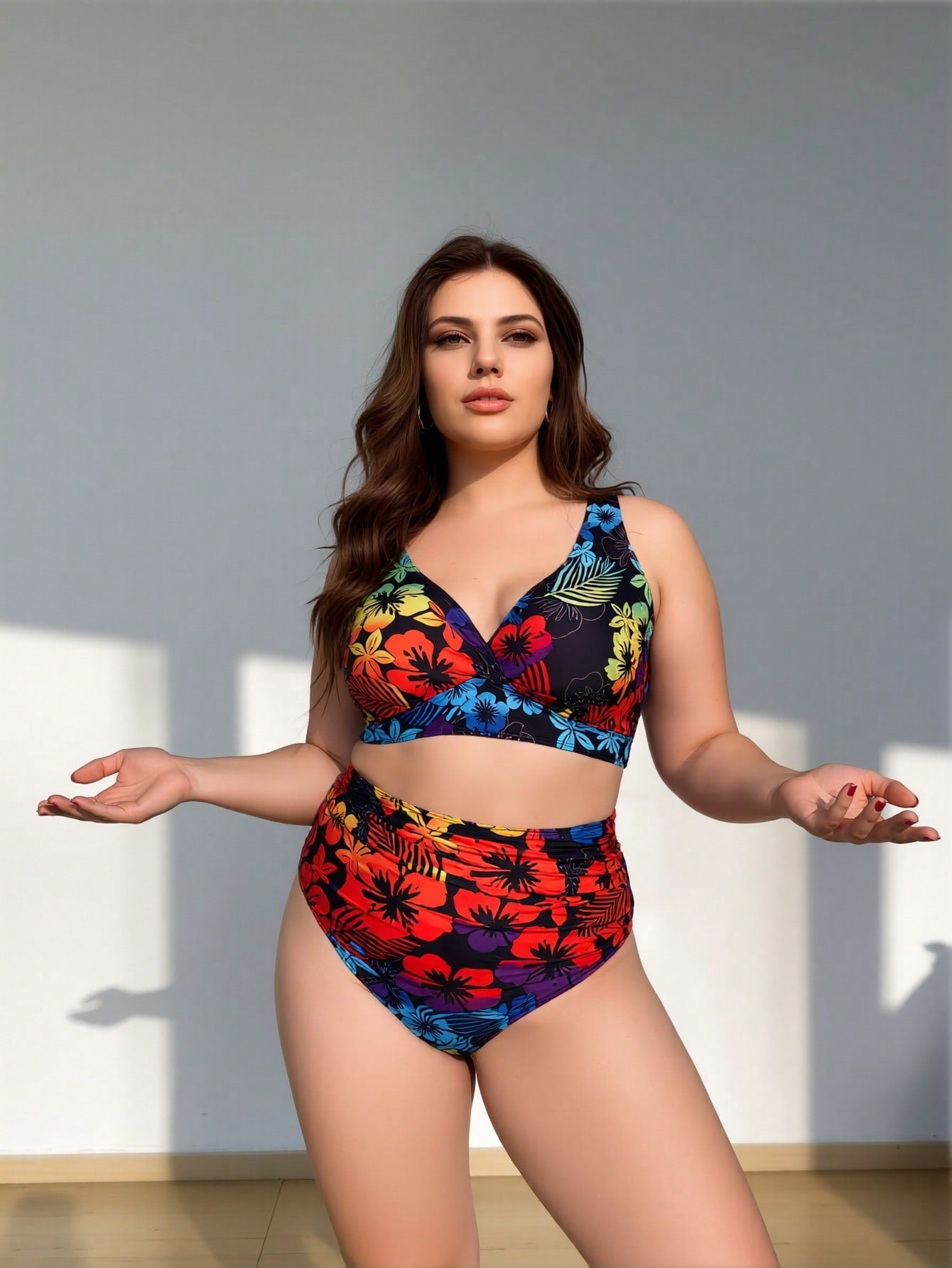 2026 New Plus Size Colorful Hibiscus Print Two-Piece Swimwear, Halter Push-Up Design, European Style High Waist Tummy Control Swimsuit