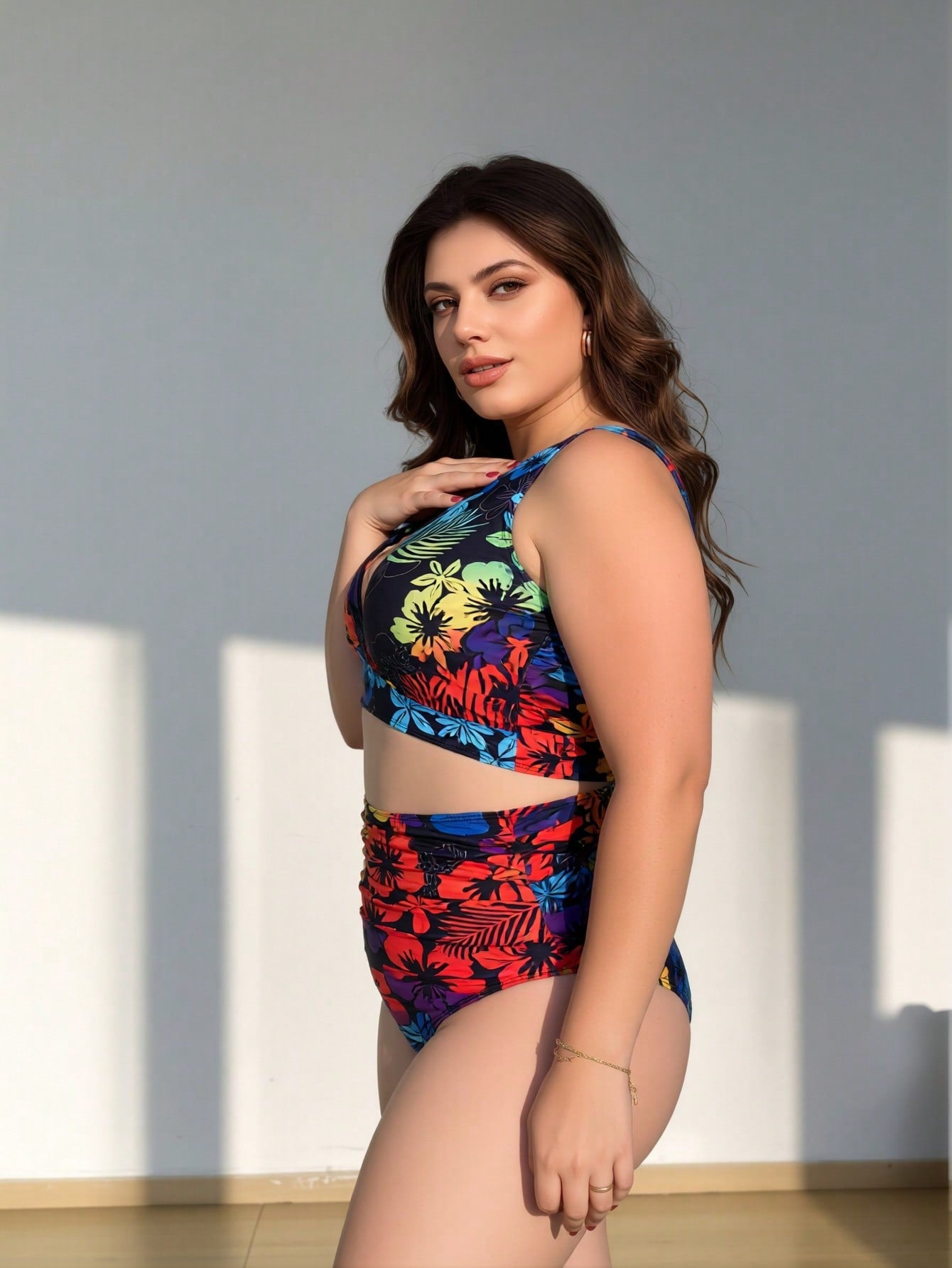 2026 New Plus Size Colorful Hibiscus Print Two-Piece Swimwear, Halter Push-Up Design, European Style High Waist Tummy Control Swimsuit