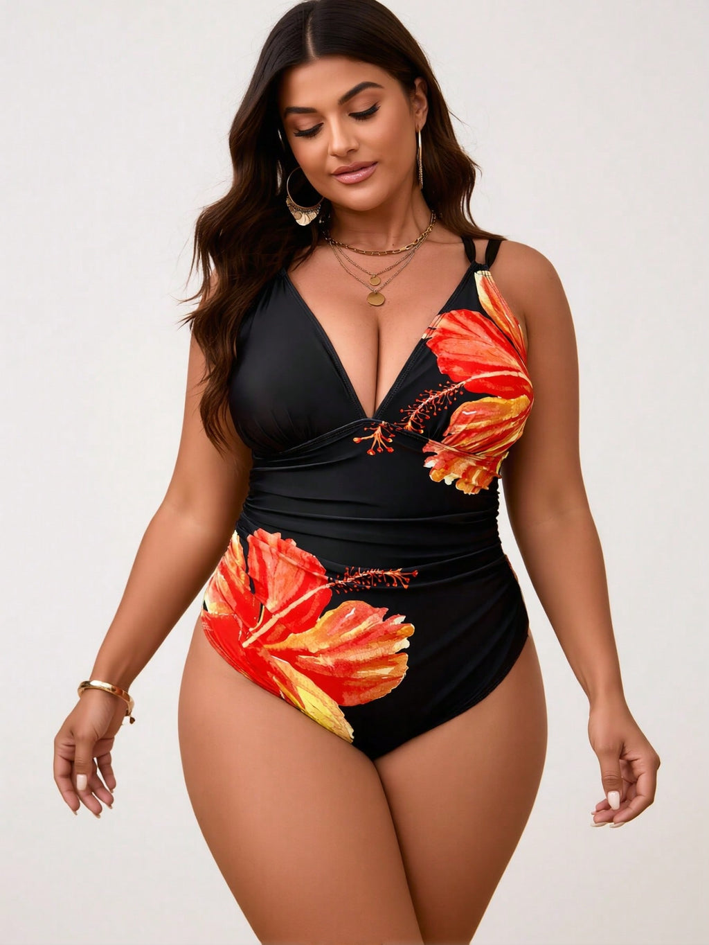 2026 New Sexy Large Floral Print One-Piece Swimwear, Deep V Strap Ruched, Plus Size European Style Slimming Swimsuit