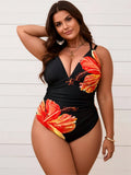 2026 New Sexy Large Floral Print One-Piece Swimwear, Deep V Strap Ruched, Plus Size European Style Slimming Swimsuit