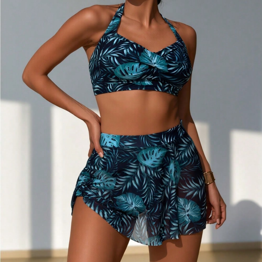 2026 New Teal Tropical Print Two-Piece Swimsuit Set, Halter Top & Mesh Skirted Bottom, Plus Size Slimming Beachwear