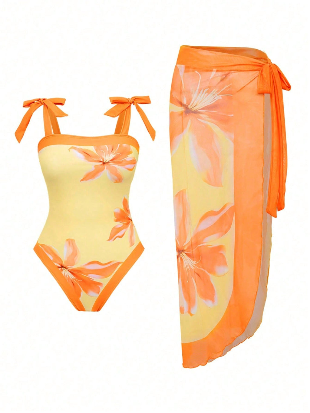 Yellow & Orange Floral Print Tie Strap One-Piece Swimsuit With Matching Sarong Cover Up