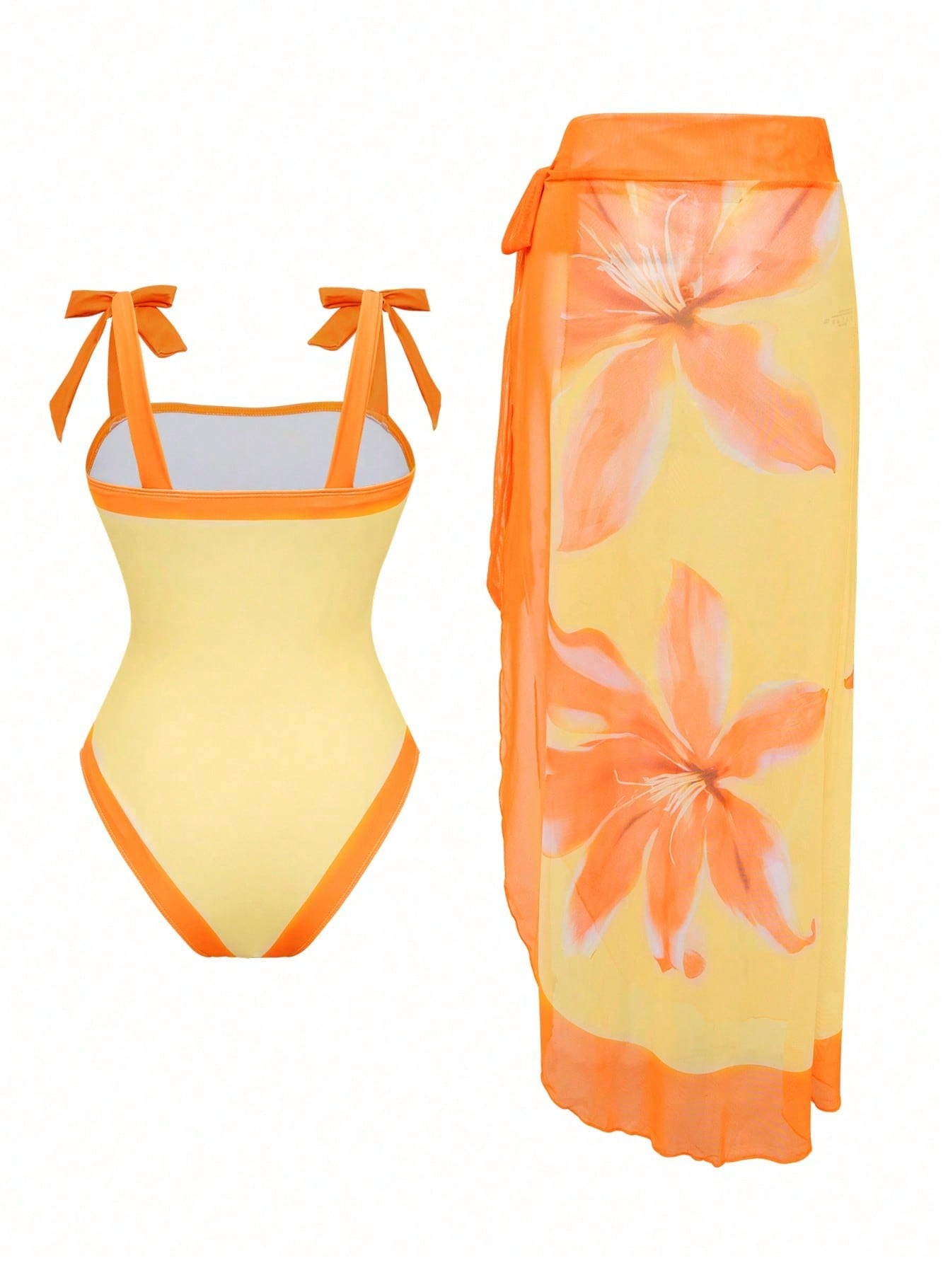 Yellow & Orange Floral Print Tie Strap One-Piece Swimsuit With Matching Sarong Cover Up