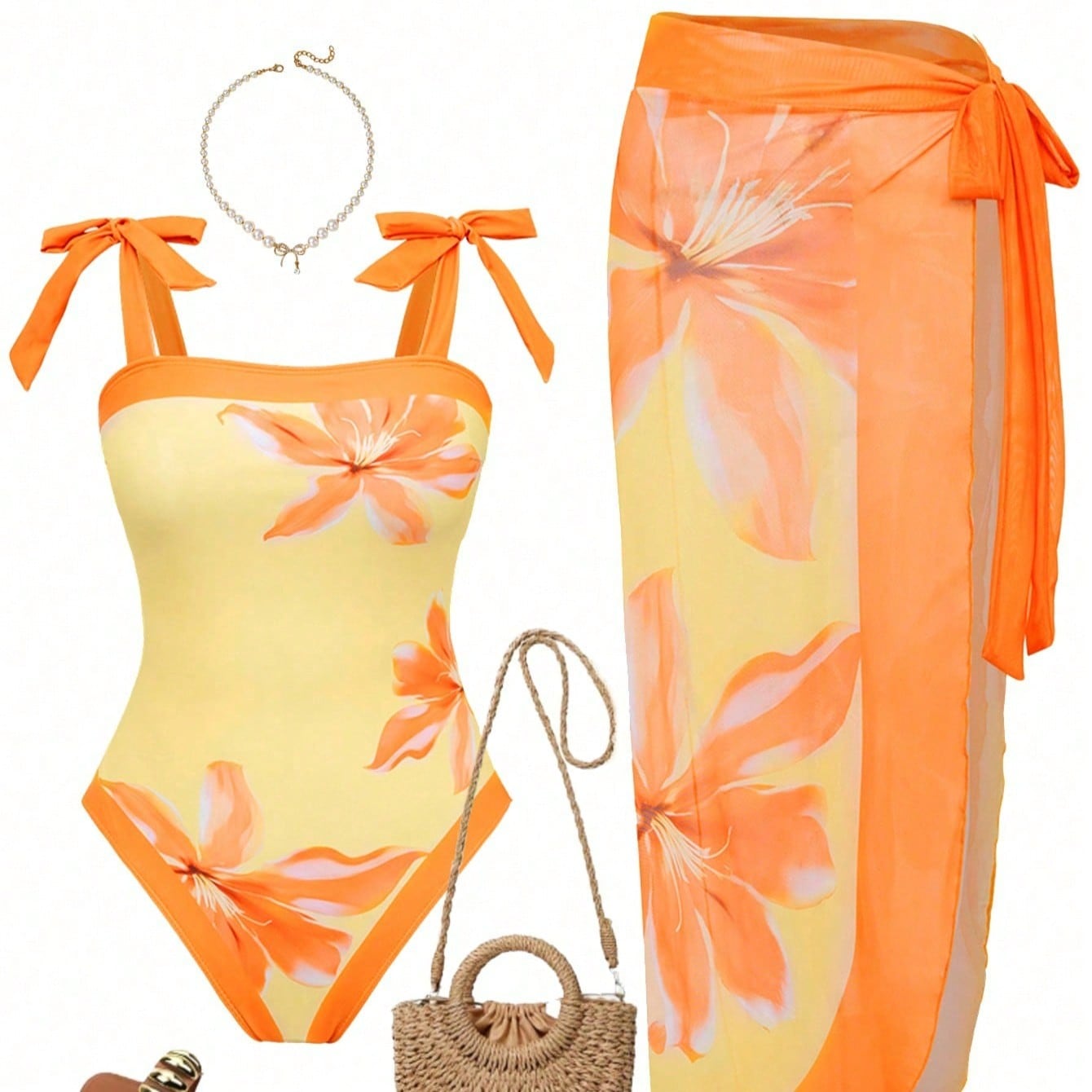 Yellow & Orange Floral Print Tie Strap One-Piece Swimsuit With Matching Sarong Cover Up