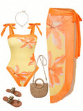 Yellow & Orange Floral Print Tie Strap One-Piece Swimsuit With Matching Sarong Cover Up