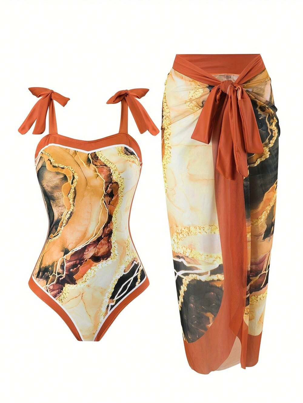 Marble Print Tie Strap One-Piece Swimsuit With Matching Sarong Cover Up
