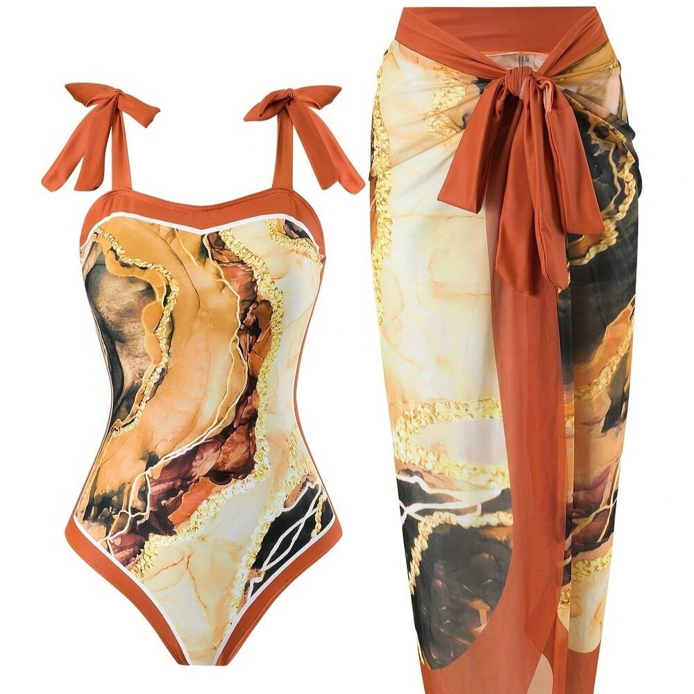 Marble Print Tie Strap One-Piece Swimsuit With Matching Sarong Cover Up
