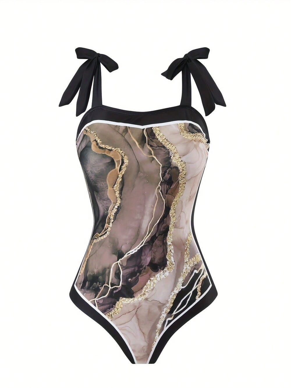 Black & Purple Marble Print Tie Strap One-Piece Swimsuit With Matching Sarong Cover Up
