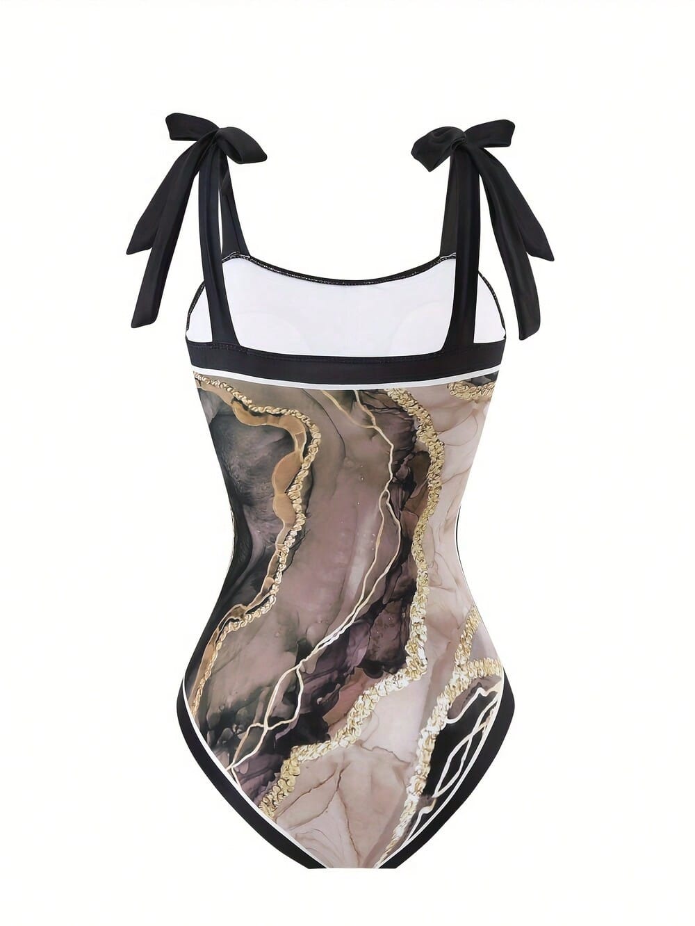 Black & Purple Marble Print Tie Strap One-Piece Swimsuit With Matching Sarong Cover Up