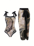 Black & Purple Marble Print Tie Strap One-Piece Swimsuit With Matching Sarong Cover Up