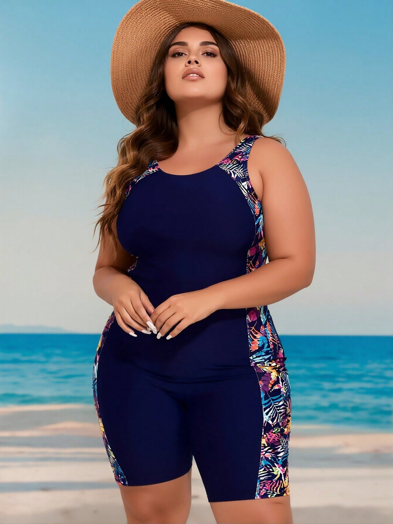 Plus Size Navy Blue Tropical Print Side Panel Boyleg One-Piece Swimsuit
