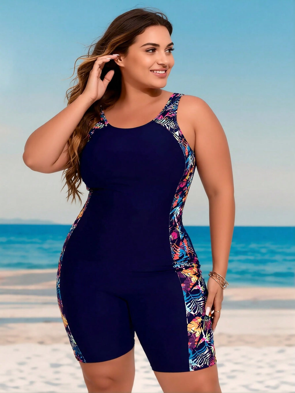 Plus Size Navy Blue Tropical Print Side Panel Boyleg One-Piece Swimsuit