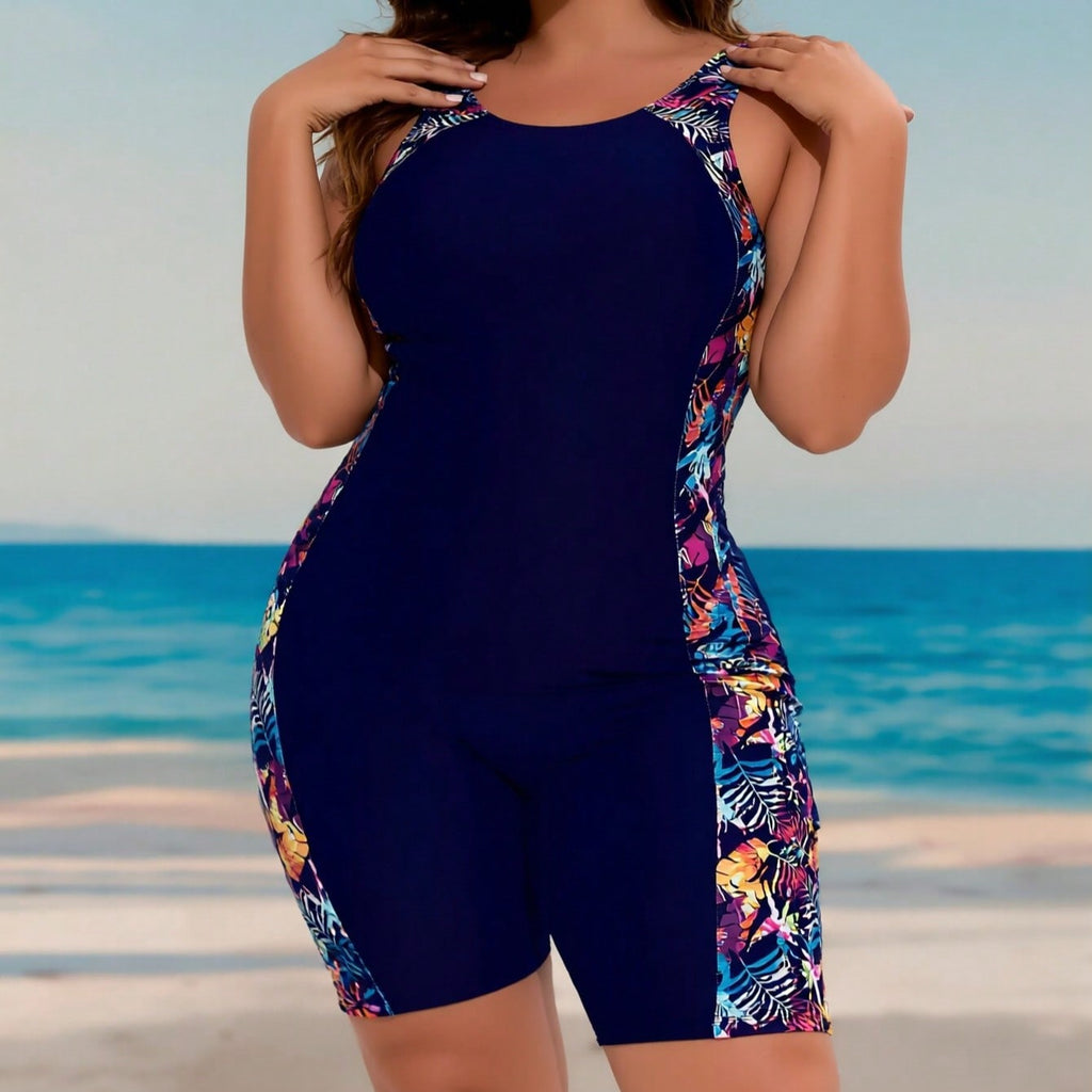 Plus Size Navy Blue Tropical Print Side Panel Boyleg One-Piece Swimsuit