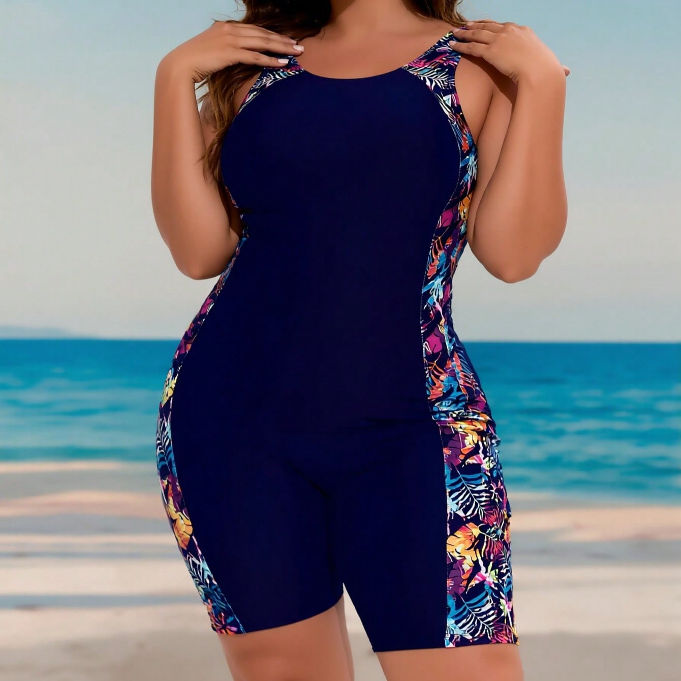 Plus Size Navy Blue Tropical Print Side Panel Boyleg One-Piece Swimsuit