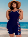 Plus Size Navy Blue Tropical Print Side Panel Boyleg One-Piece Swimsuit