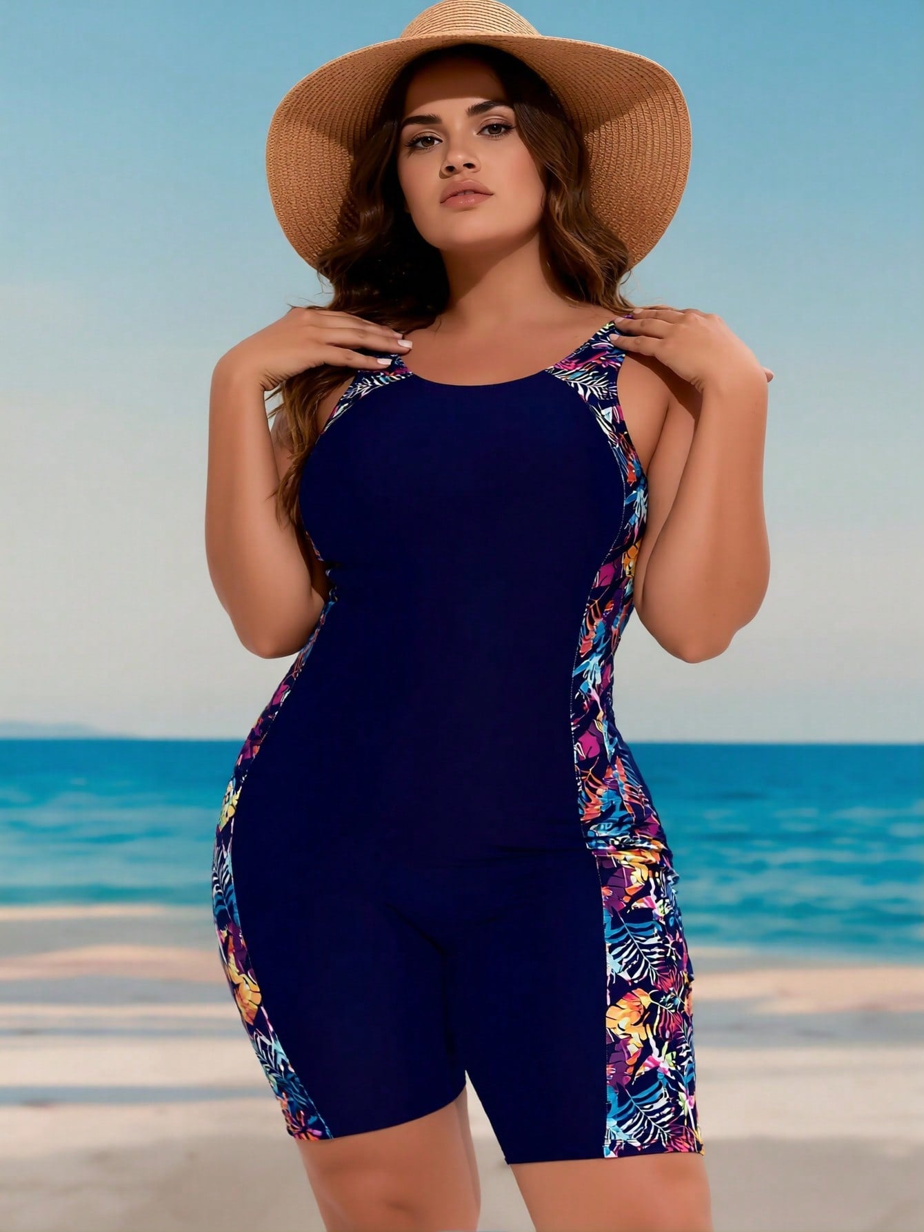 Plus Size Navy Blue Tropical Print Side Panel Boyleg One-Piece Swimsuit