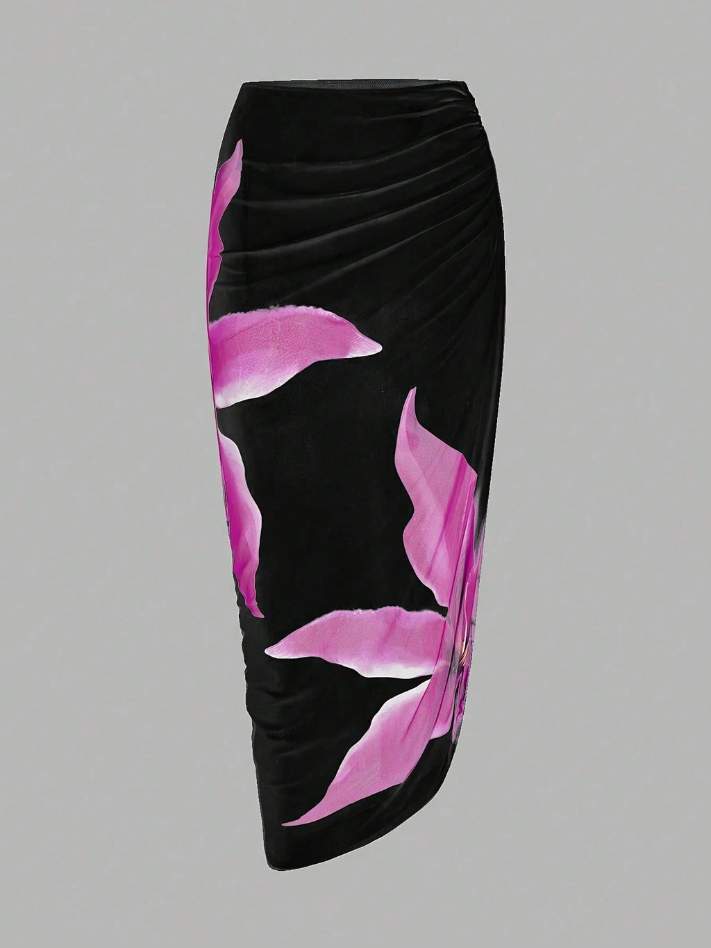 Black & Magenta Floral Print Push Up One-Piece Swimsuit With Ruched Skirt Cover Up