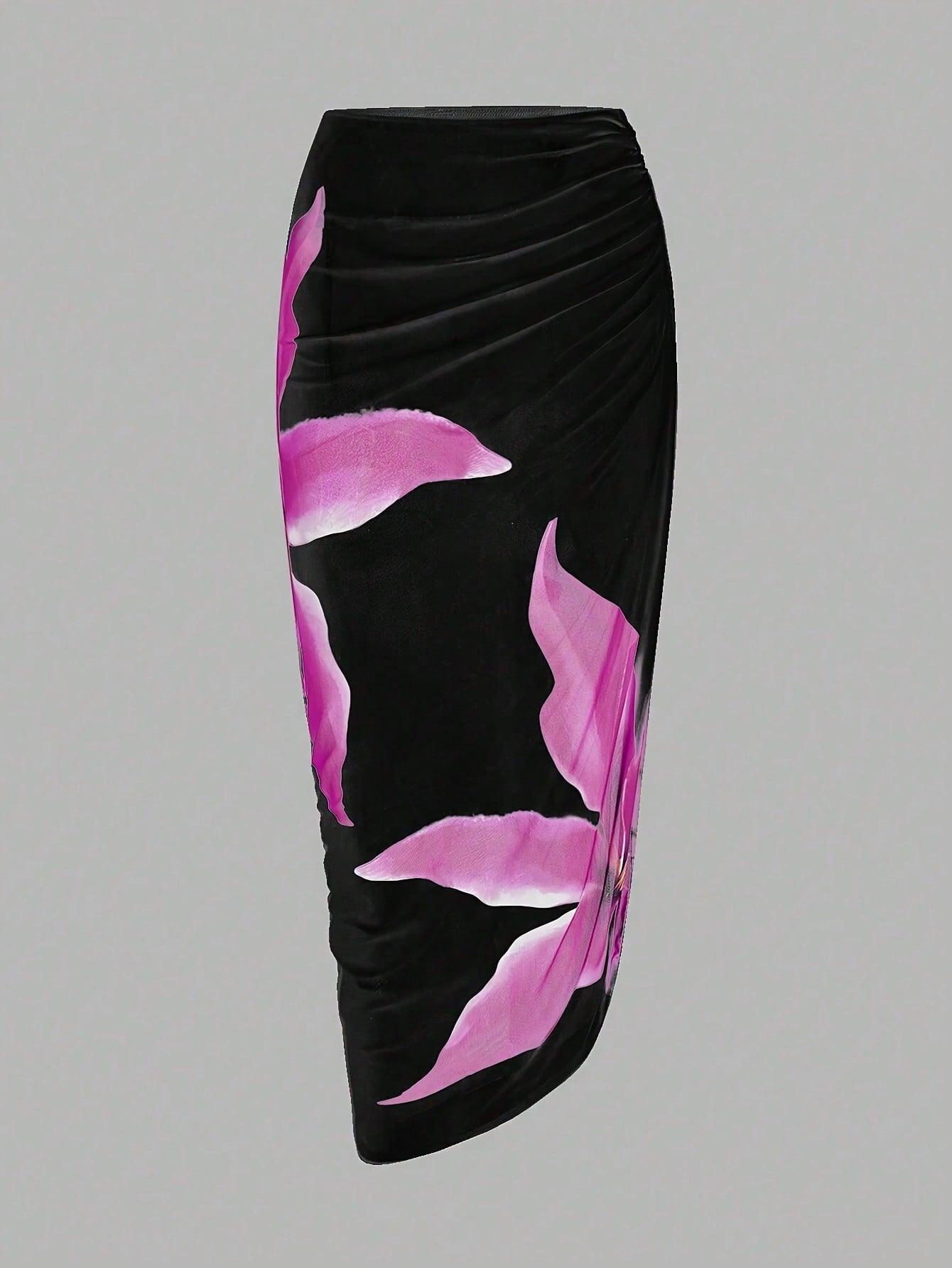 Black & Magenta Floral Print Push Up One-Piece Swimsuit With Ruched Skirt Cover Up