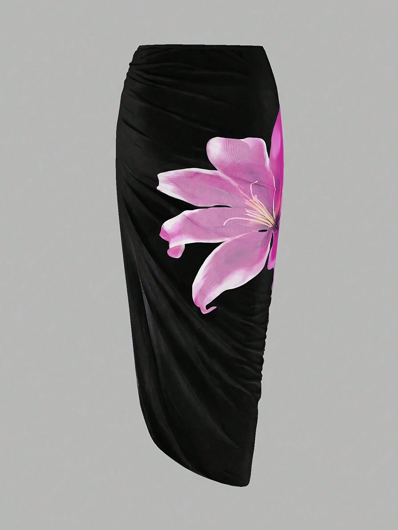 Black & Magenta Floral Print Push Up One-Piece Swimsuit With Ruched Skirt Cover Up