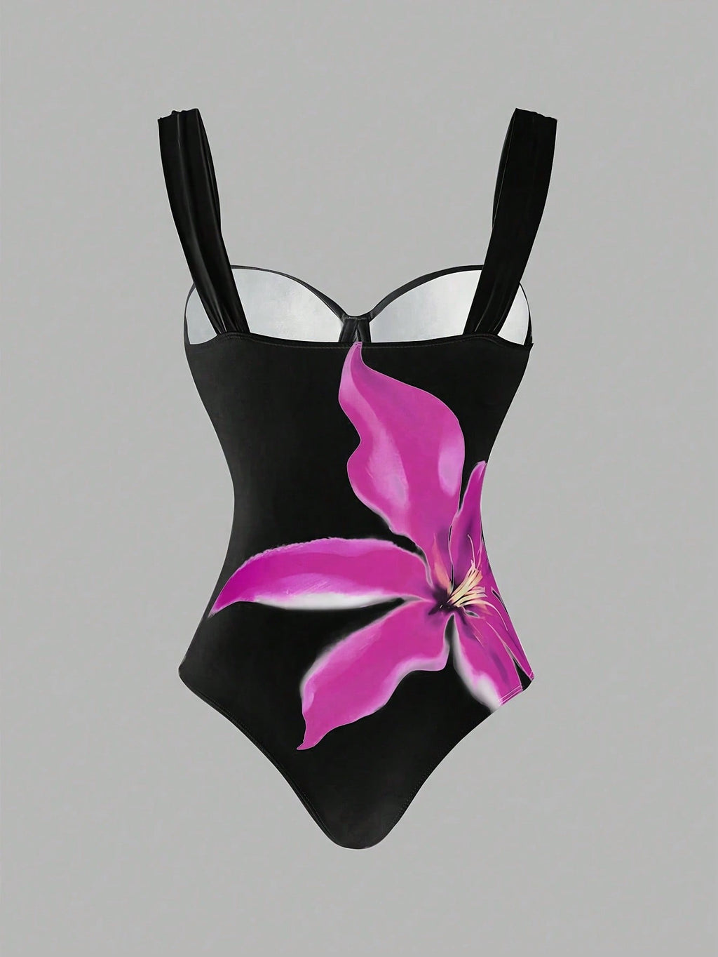 Black & Magenta Floral Print Push Up One-Piece Swimsuit With Ruched Skirt Cover Up