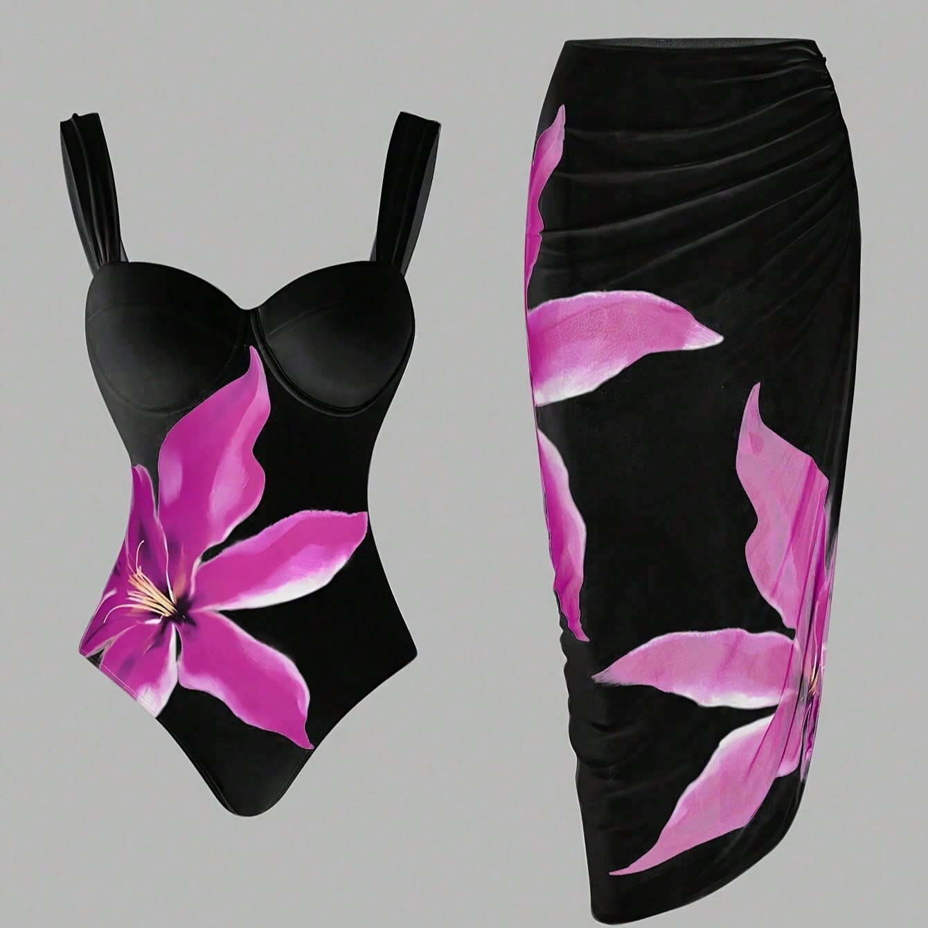 Black & Magenta Floral Print Push Up One-Piece Swimsuit With Ruched Skirt Cover Up
