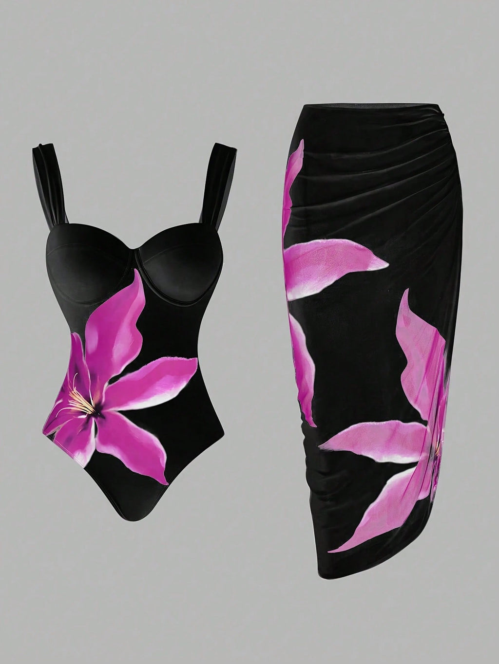 Black & Magenta Floral Print Push Up One-Piece Swimsuit With Ruched Skirt Cover Up