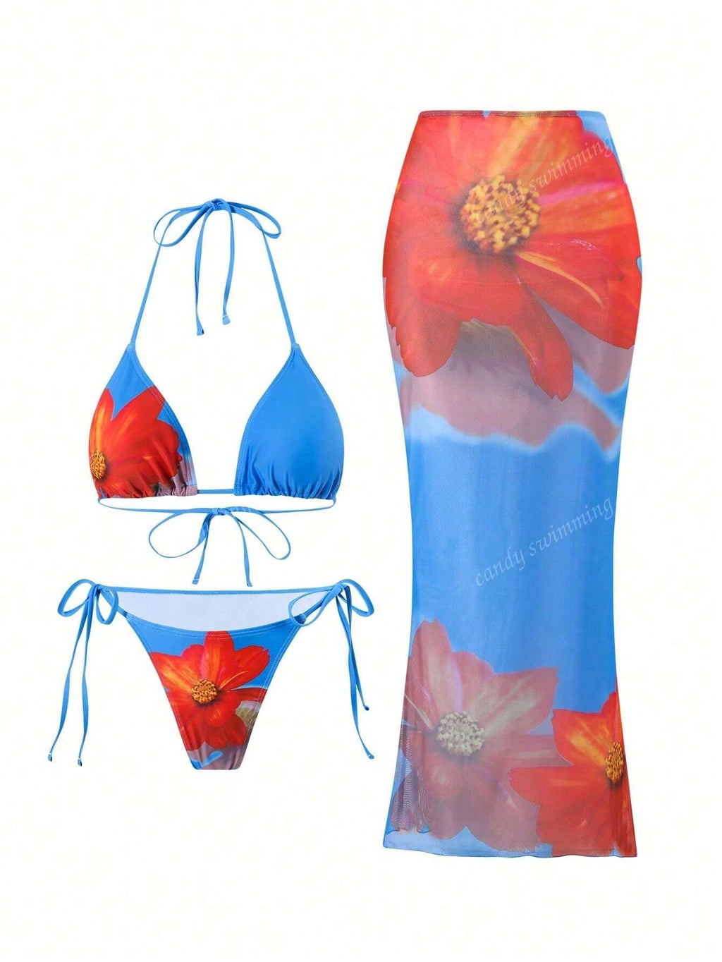 Blue & Red Floral Print Triangle Bikini Set With Matching Sarong Cover Up