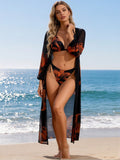 2026 New Women's 3 Piece Bikini Set - Orange Floral Print Swimsuit with Sheer Cover Up