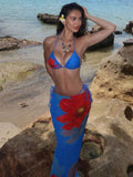 Blue & Red Floral Print Triangle Bikini Set With Matching Sarong Cover Up