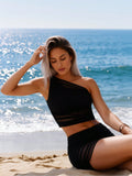 2026 New Women's Two Piece Skirt Set - One Shoulder Mesh Ruched Crop Top & Mini Skirt Beach Outfit
