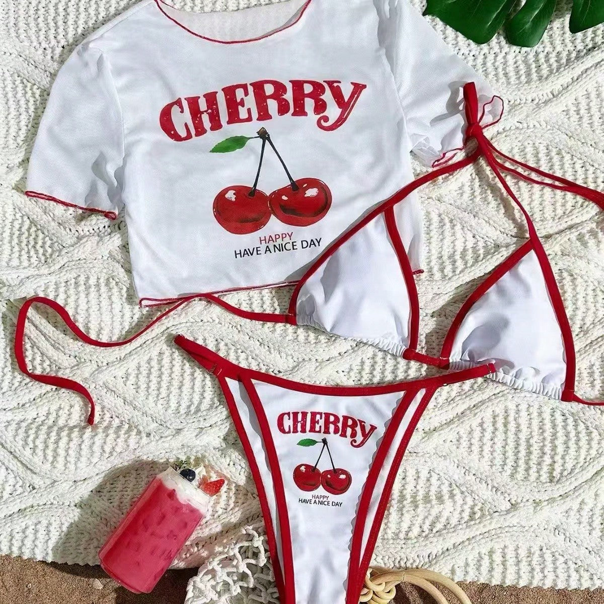 White & Red Cherry Print Puff Sleeve Bikini Set With Contrast Trim