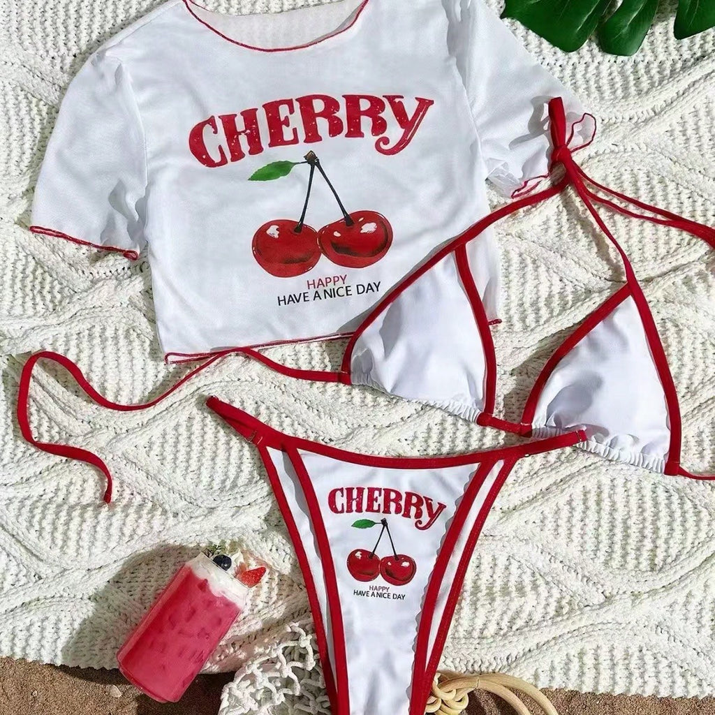 White & Red Cherry Print Puff Sleeve Bikini Set With Contrast Trim
